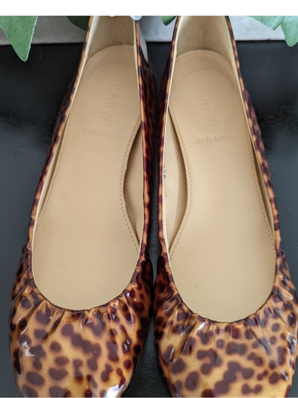 J.Crew tortoiseshell patent leather ballet flats glossy animal print